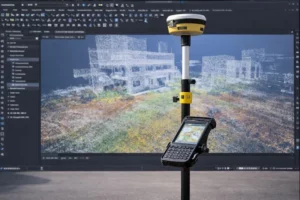 Roverstab. Im Hintergrund die BricsCAD Vermessung Anwendung mit Messdaten aus dem Roverstab