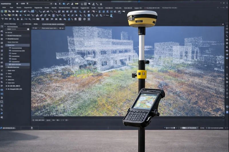 Roverstab. Im Hintergrund die BricsCAD Vermessung Anwendung mit Messdaten aus dem Roverstab